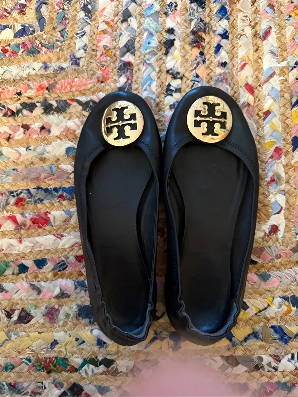 Tory Burch Black Leather Ballet Flats with Gold Logo Medallions